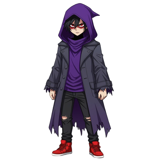 dark fantasy ethereal figure with ragged purple robes under a dark gray western frock coat. has black oversized jeans and red basketball shoes. modern clothing. wears a ragged purple hood. somber, mysterious look. head shrouded in darkness. soul eater. fa