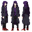 dark fantasy ethereal figure with ragged purple long shirt under a dark gray western frock coat. has black oversized jeans and red basketball shoes. modern clothing. wears a ragged purple hood. somber, mysterious look. soul eater. facing forward. 1:5 prop