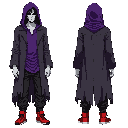 dark fantasy ethereal figure with a ragged purple long shirt under a dark gray western frock coat. has black oversized pants and red basketball shoes. wears a ragged purple hood. somber, mysterious look. normal standing pose. facing forward. 1:5 proportio