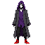 dark fantasy ethereal figure with a ragged purple long shirt under a dark gray western frock coat. has black oversized pants and red basketball shoes. wears a ragged purple hood. somber, mysterious look. normal standing pose. facing forward. 1:5 proportio