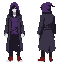 dark fantasy ethereal figure with ragged purple long shirt under a dark gray western frock coat. has black oversized jeans and red basketball shoes. modern clothing. wears a ragged purple hood. somber, mysterious look. normal standing pose. facing forward