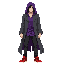 dark fantasy ethereal figure with ragged purple long shirt under a dark gray western frock coat. has black oversized jeans and red basketball shoes. modern clothing. wears a ragged purple hood. somber, mysterious look. normal standing pose. facing forward
