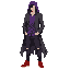 dark fantasy ethereal figure with ragged purple long shirt under a dark gray western frock coat. has black oversized jeans and red basketball shoes. modern clothing. wears a ragged purple hood. somber, mysterious look. soul eater. facing forward. 1:5 prop