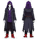 dark fantasy ethereal figure with a ragged purple long shirt under a dark gray western frock coat. has black oversized pants and red basketball shoes. wears a ragged purple hood. somber, mysterious look. normal standing pose. facing forward. 1:5 proportio