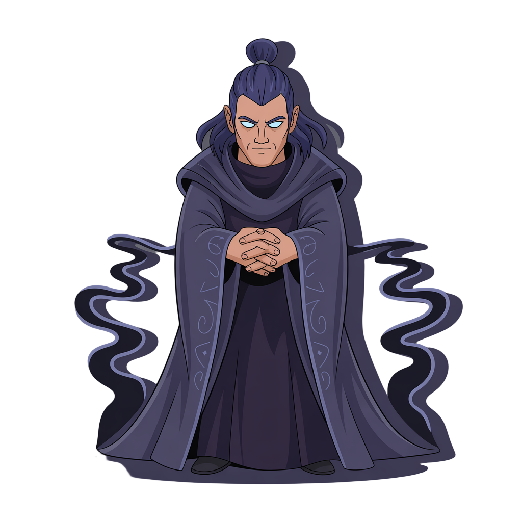 a character with a cool, cold demeanor, long tied-up hair, and sharp eyes. dressed in dark ancient-style robes, exuding the aura of a powerful dark sorcerer.