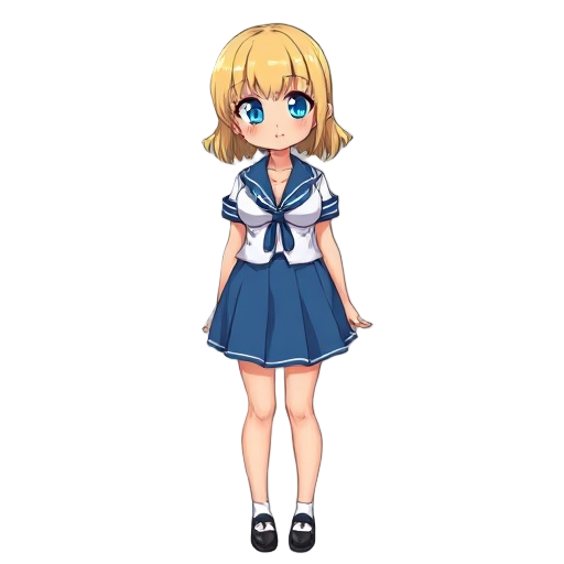 gyaru girl, large breasts with cleavage, schoolgirl outfit, blue skirt, blue eyes, blonde hair, tan skin