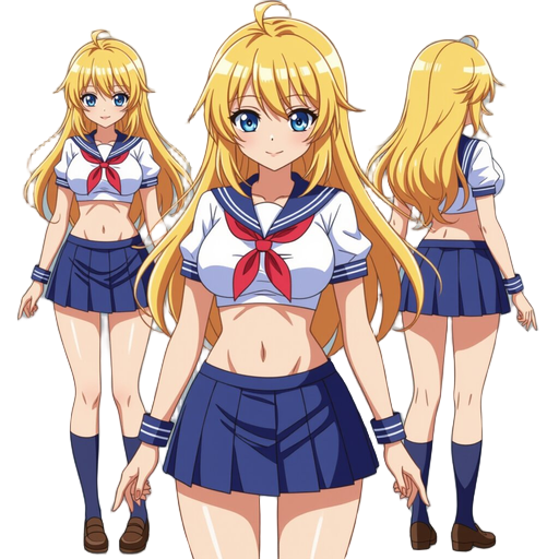 gyaru girl, large breasts with cleavage, schoolgirl outfit, blue skirt, blue eyes, blonde hair, tan skin