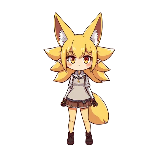 create character like fox girl with nine tails, yellow fur, teen chibi