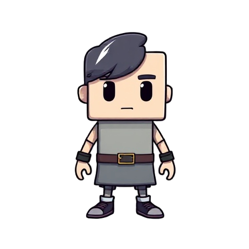the character is a square player, q-shaped, modern, with nice colors, no sword or anything else, and has short hands and legs.