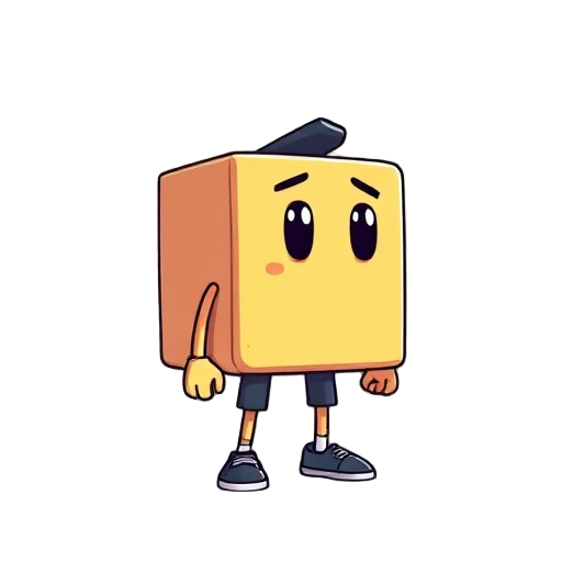 the player character is a square cube, modern with cool, trendy colors, no sword or anything else, square with short hands and feet, and looking to the right.