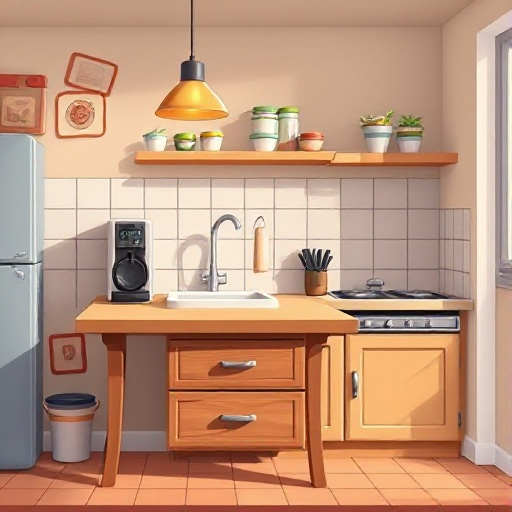 background classic 2d adventure berlin flat kuchen with table with drawer, sink, coffee machine