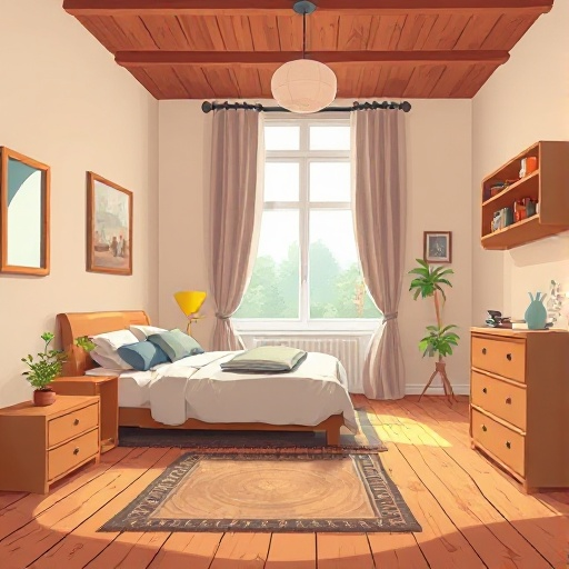 side view inside a house. berlin flat bedroom, wooden floor matrace on floor room for classic 2d adventure