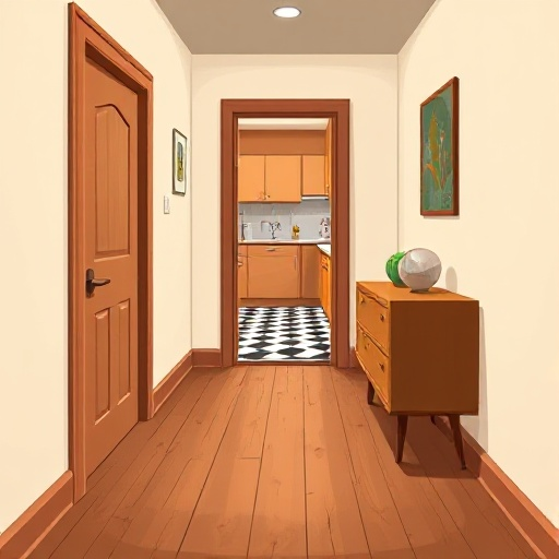 pixel , urban hallway, mid-century modern sideboard between kitchen and bedroom. old wooden floorboards, light cream colored walls. left: front door flush with wall. middle: slightly open wooden door into kitchen, black and white checkered floor, w
