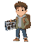 neutral-faced traveler holding a boombox. the traveler must show no emotion. they should carry nothing except a boombox on a one hand.