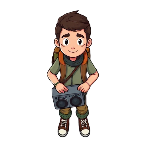 neutral-faced traveler holding a boombox. the traveler must show no emotion (not happy, not sad). they should carry nothing except the boombox.