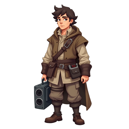 neutral-faced traveler holding a boombox its okey if he had old medieval clothes . the traveler must show no emotion. they should carry nothing except a boombox on a one hand. make him look as pixeleed as possible not as a anime boy .