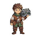 neutral-faced traveler holding a boombox its okey if he had old medieval clothes . the traveler must show no emotion. they should carry nothing except a boombox on a one hand. make him look as pixeleed as possible not as a anime boy .