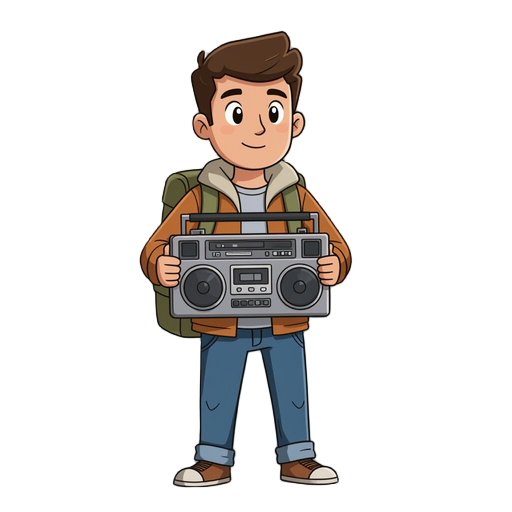 neutral-faced traveler holding a boombox. the traveler must show no emotion (not happy, not sad). they should carry nothing except the boombox.