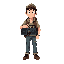 neutral-faced traveler holding a boombox. the traveler must show no emotion (not happy, not sad). they should carry nothing except the boombox.
