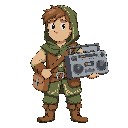 neutral-faced traveler holding a boombox its okey if he had old medieval clothes . the traveler must show no emotion. they should carry nothing except a boombox on a one hand.