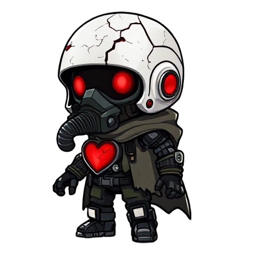 chibi post-apocalyptic cyborg with a cracked white helmet, glowing red eyes and cracks, gas mask, glowing red mechanical heart, torn camo cloak, robotic leg, dark gritty style but cute proportions. full-body sprite, 512px tall, no background, internal red