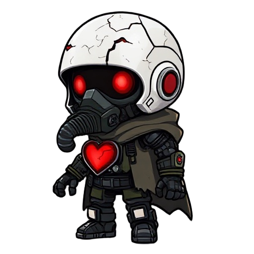 chibi post-apocalyptic cyborg with a cracked white helmet, glowing red eyes and cracks, gas mask, glowing red mechanical heart, torn camo cloak, robotic leg, dark gritty style but cute proportions. full-body sprite, 512px tall, no background, internal red