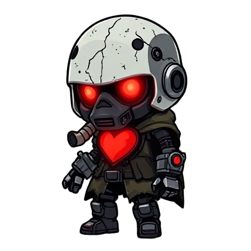 chibi post-apocalyptic cyborg with a cracked white helmet, glowing red eyes and cracks, gas mask, glowing red mechanical heart, torn camo cloak, robotic leg, dark gritty style but cute proportions. full-body sprite, 512px tall, no background, internal red