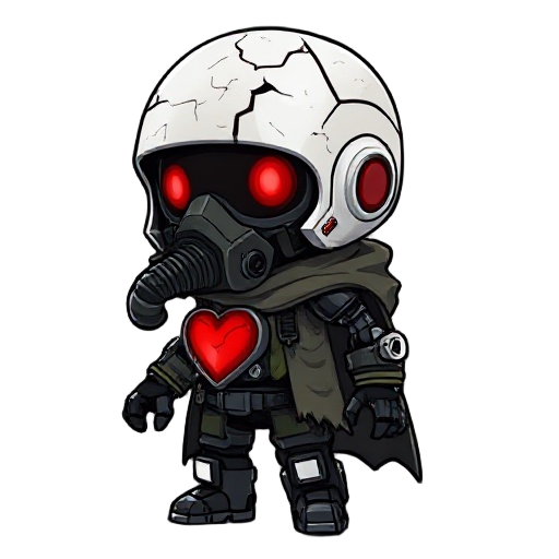 chibi post-apocalyptic cyborg with a cracked white helmet, glowing red eyes and cracks, gas mask, glowing red mechanical heart, torn camo cloak, robotic leg, dark gritty style but cute proportions. full-body sprite, 512px tall, no background, internal red