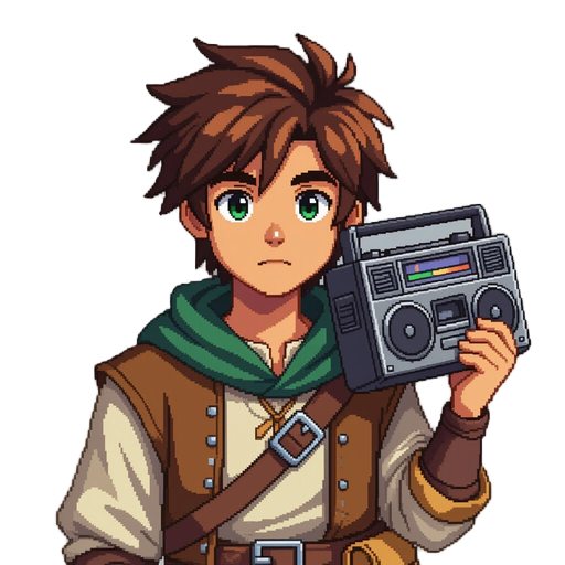 neutral-faced traveler holding a boombox its okey if he had old medieval clothes . the traveler must show no emotion. they should carry nothing except a boombox on a one hand. make him look as pixeleed as possible not as a anime boy .