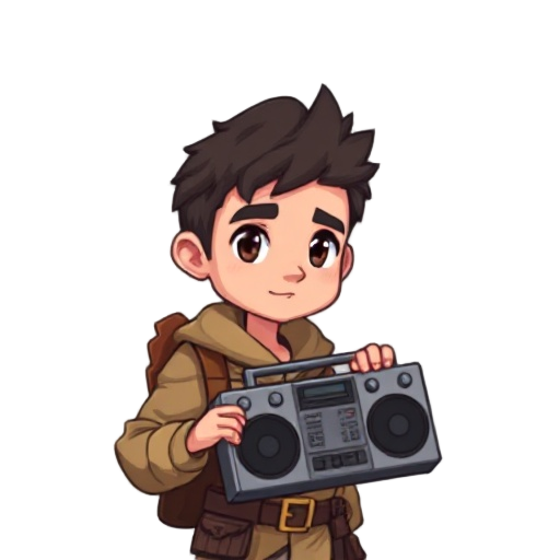 neutral-faced traveler holding a boombox its okey if he had old medieval clothes . the traveler must show no emotion. they should carry nothing except a boombox on a one hand. make him look as pixeleed as possible not as a anime boy .