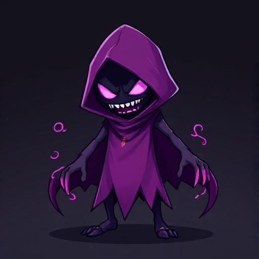  um fantasma  vestido de roxo com partes rasgadas com correntes em seu corpo e um rosto com capuz roxo com rosto preto e uma foice curta