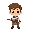 simple retro character, small warrior boy, brown hair, holding wooden sword, not cute