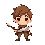 simple retro character, small warrior boy, brown hair, holding wooden sword