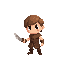 simple retro character, small warrior boy, brown hair, holding wooden sword, vibe viking