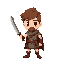 simple retro character, warrior boy, brown hair, holding wooden sword, vibe viking