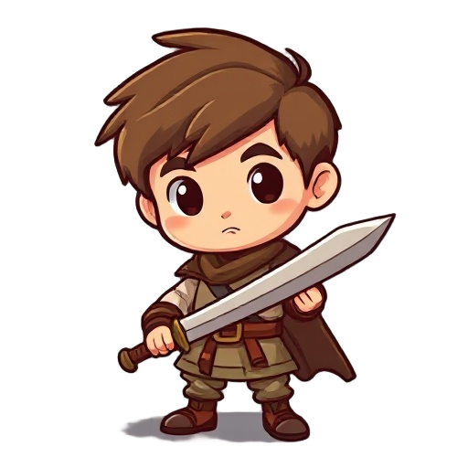simple retro character, small warrior boy, brown hair, holding wooden sword