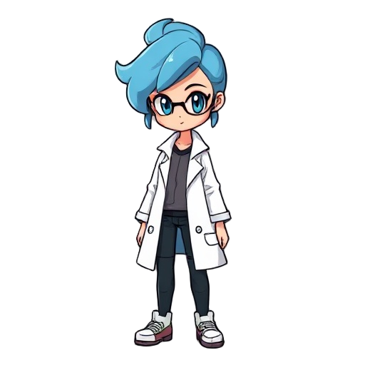 crie uma cientista feminina no estilo pokémon, com cabelo comprido e ondulado de cor azul, ela possui óculos, faça apenas com 16 cores.