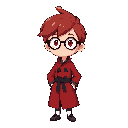 a character similar to celeste, with a light skin tone, glasses, red hair, and a red coat with black squares tied at the waist, like a são joão costume.