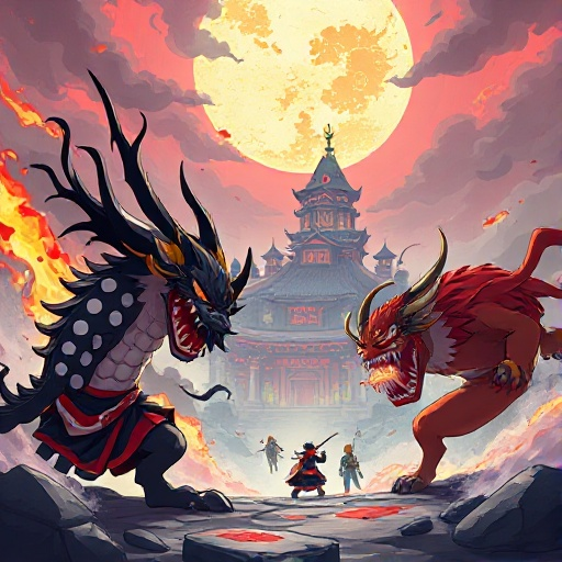 gere uma imagem estilo kimetsu no yaiba de onis devorando diversos caçadores , que tudo precisa ser em 2d e o cenario de fundo uma vila pegando fogo