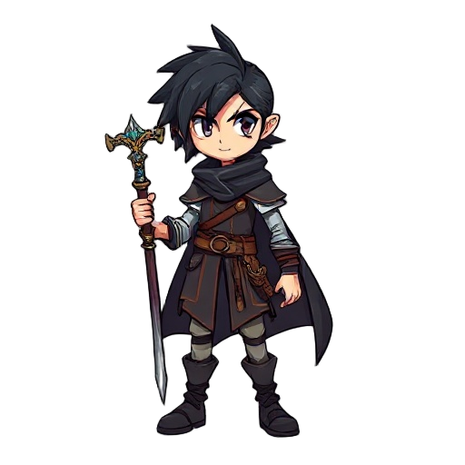 sorcerer, black hair, tall, with weapon