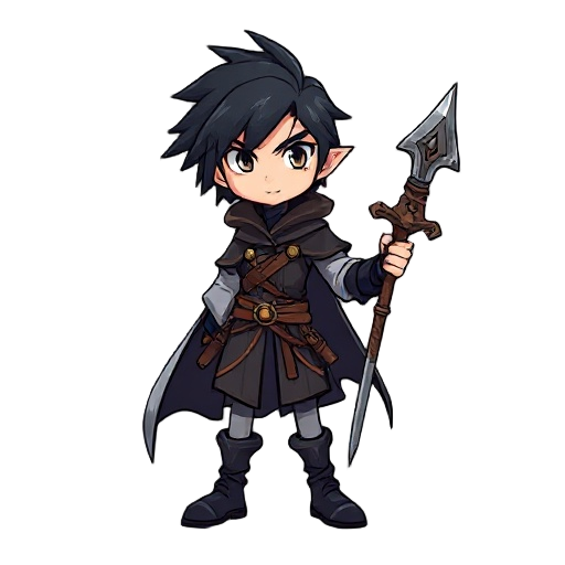 sorcerer, black hair, tall, with weapon