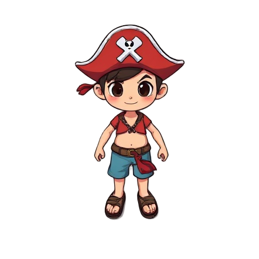 garoto pirata estilo chibi e bem baixinho, inspirado em um aventureiro de chapéu de palha. proporções pequenas, chapéu de palha, colete vermelho aberto, shorts azuis, sandálias e expressão divertida. linhas limpas e proporções estilizadas.