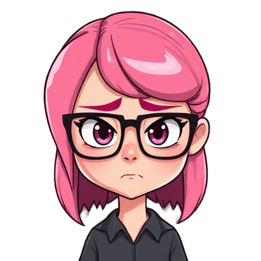 girl with pink hair, glasses, depressed face, angry