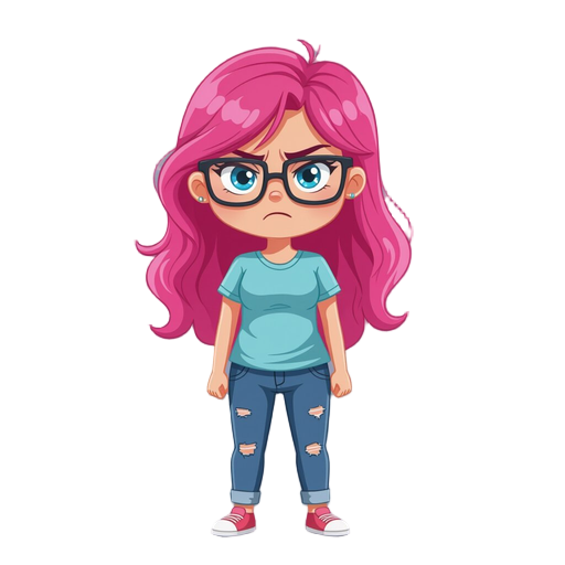 girl with pink hair, glasses, depressed face, angry