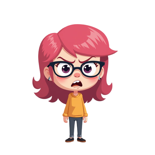 girl with pink hair, glasses, depressed face, angry