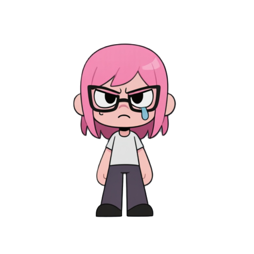 girl with pink hair, glasses, depressed face, angry
