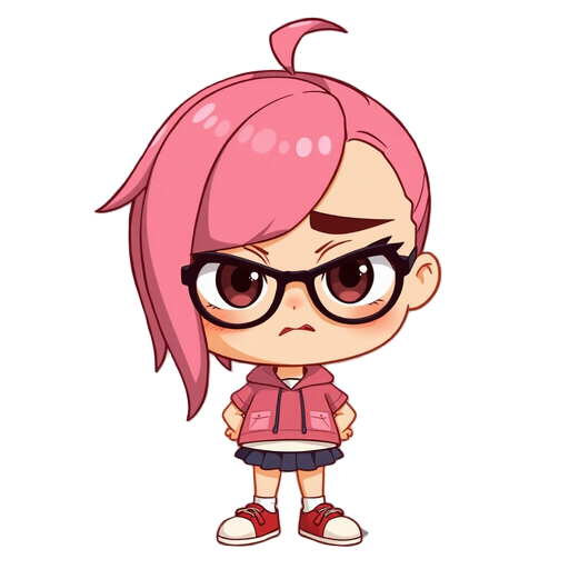 girl with pink hair, glasses, depressed face, angry
