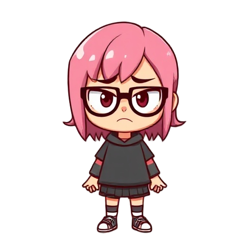 girl with pink hair, glasses, depressed face, angry