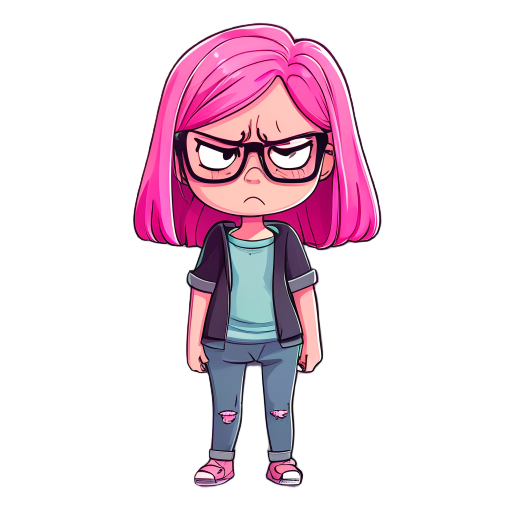 girl with pink hair, glasses, depressed face, angry