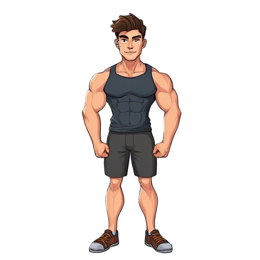 full-body portrait of a young american male, age 20–23, athletic and tall (1.83m–1.88m). strong and defined physique with broad shoulders, firm chest, muscular arms. clean, determined expression. square jawline, marked jaw, straight nose. no beard, no bea